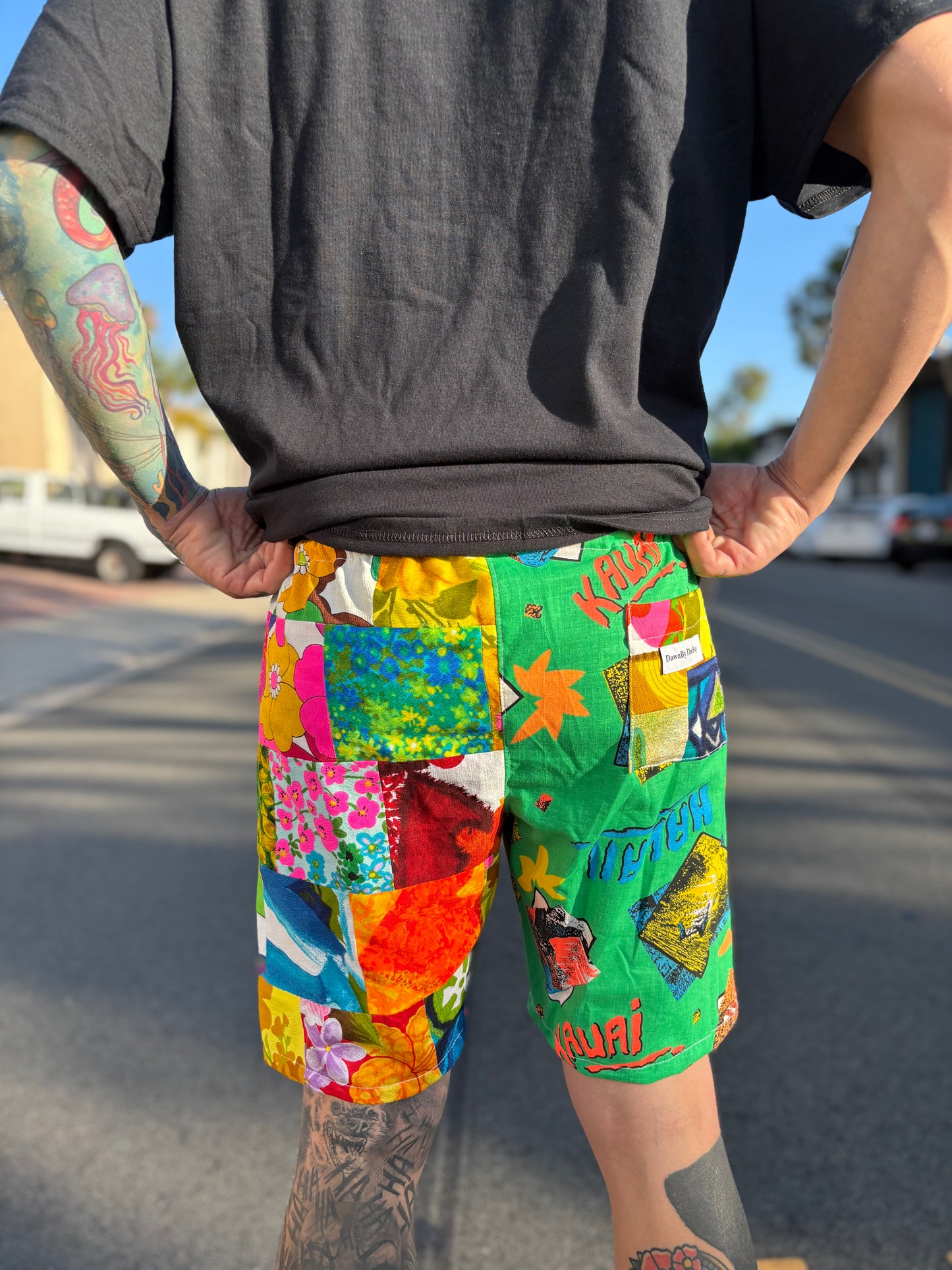 Men’s Cut 70s Style shorts - Hawaiian Barkcloth and Green Island Prints (Long)