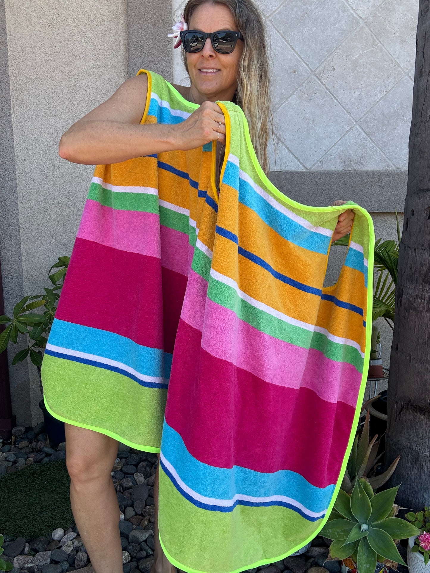 *3 Arm Hole Wrap Dress ~ raspberry and green stripe