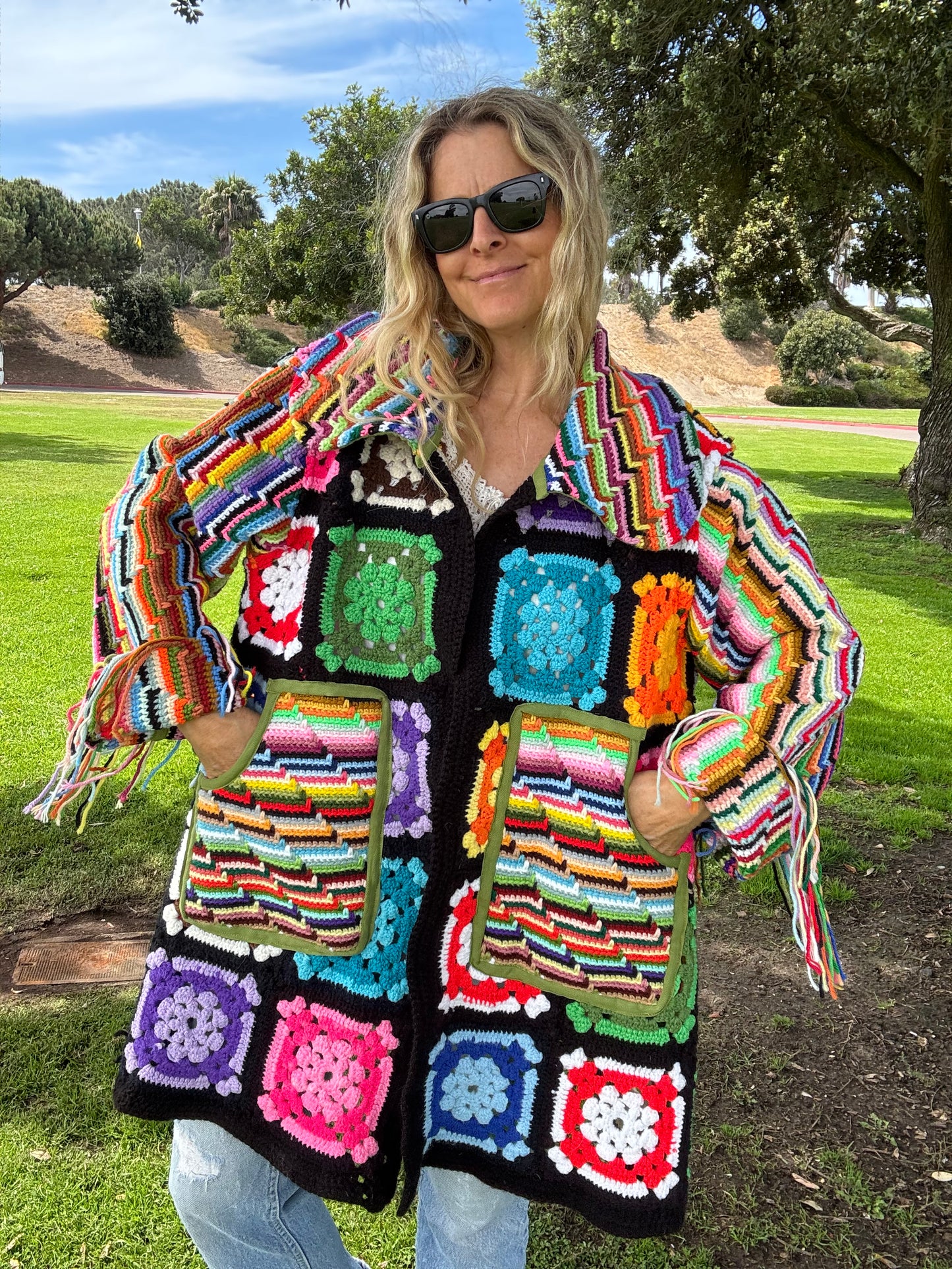 Granny Squares and Rainbow Stripes (Long Bell coat)