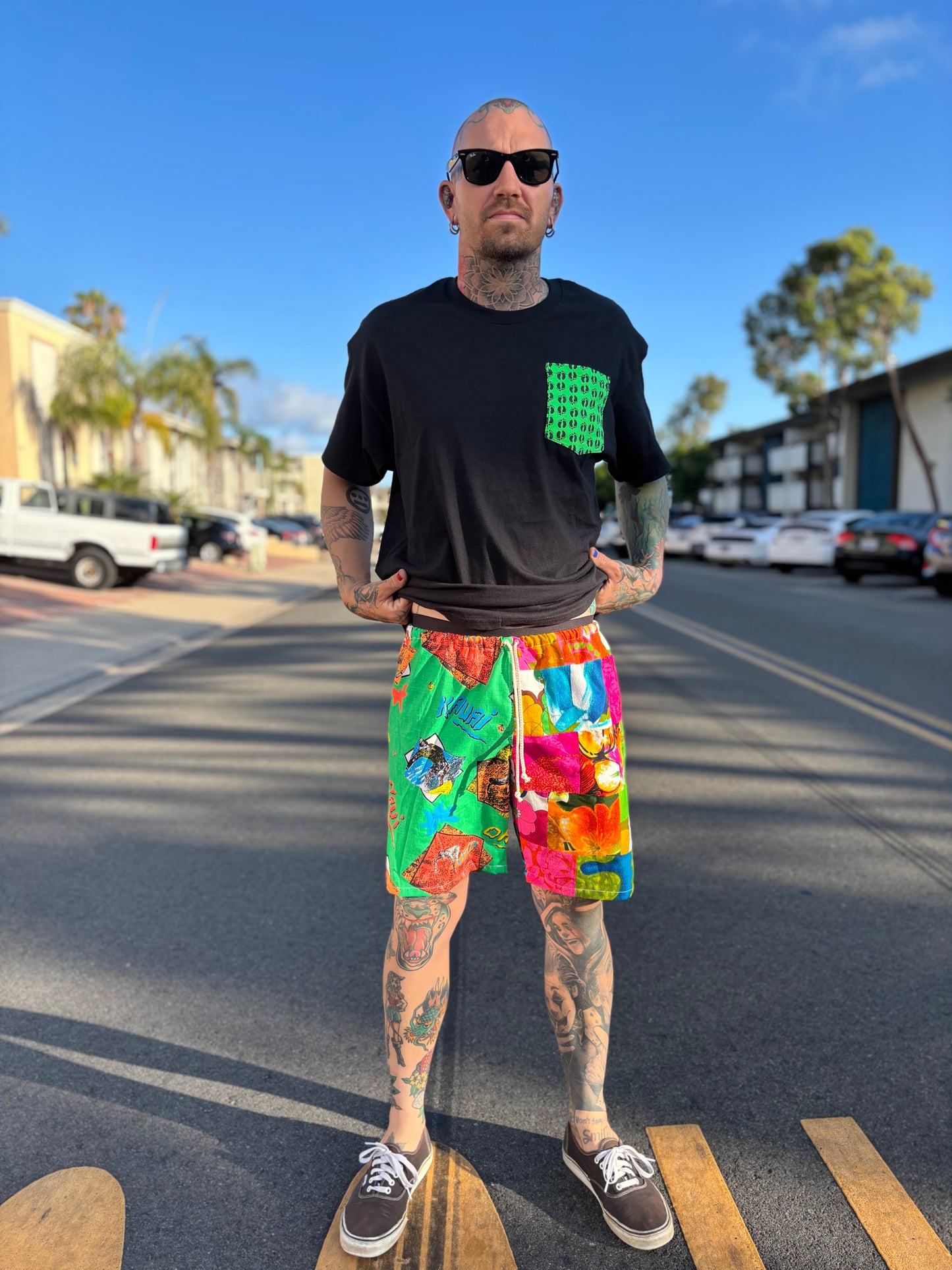 Men’s Cut 70s Style shorts - Hawaiian Barkcloth and Green Island Prints (Long)