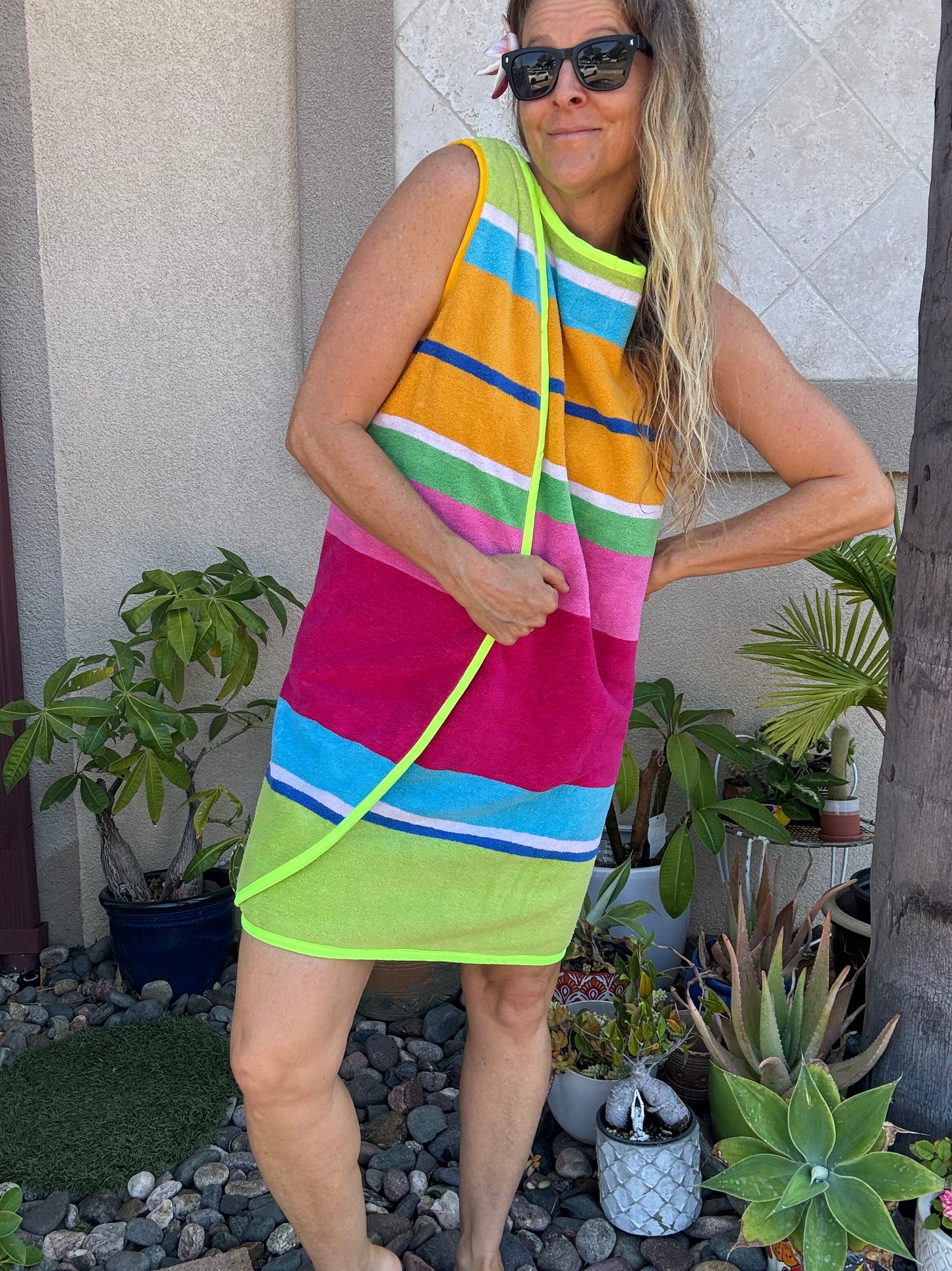 *3 Arm Hole Wrap Dress ~ raspberry and green stripe