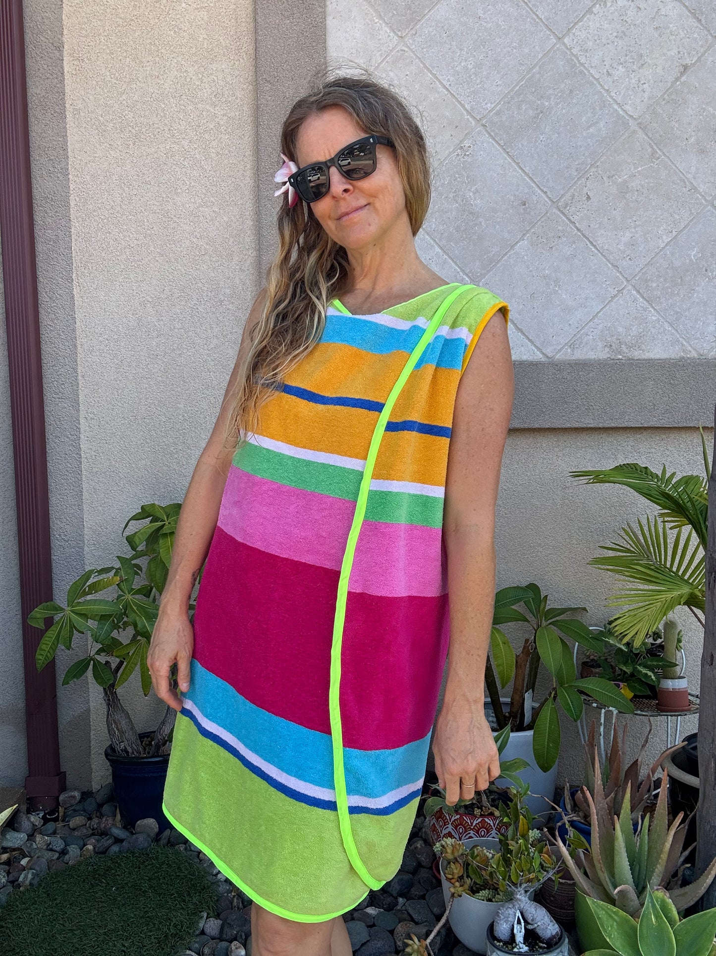 *3 Arm Hole Wrap Dress ~ raspberry and green stripe