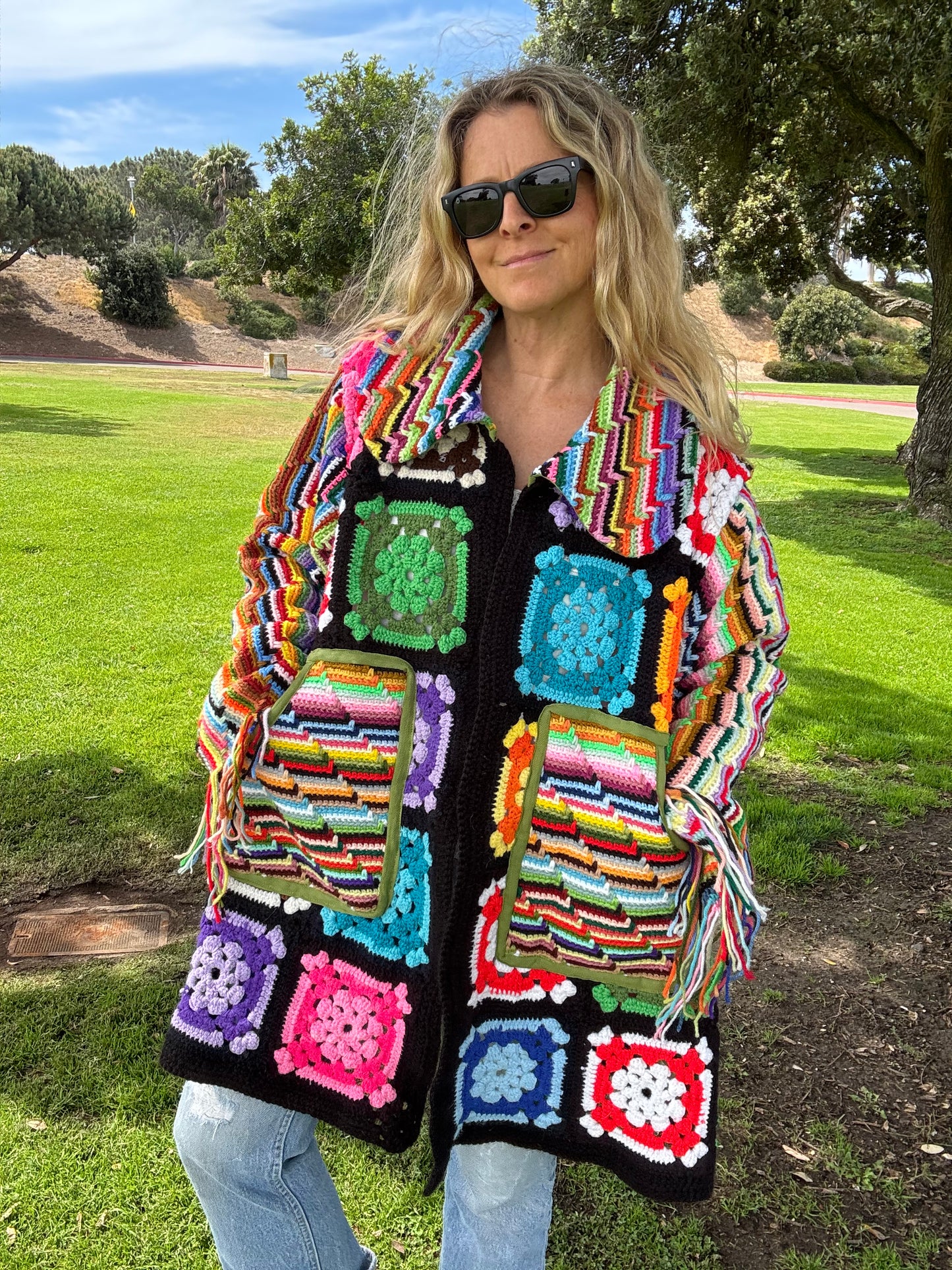 Granny Squares and Rainbow Stripes (Long Bell coat)