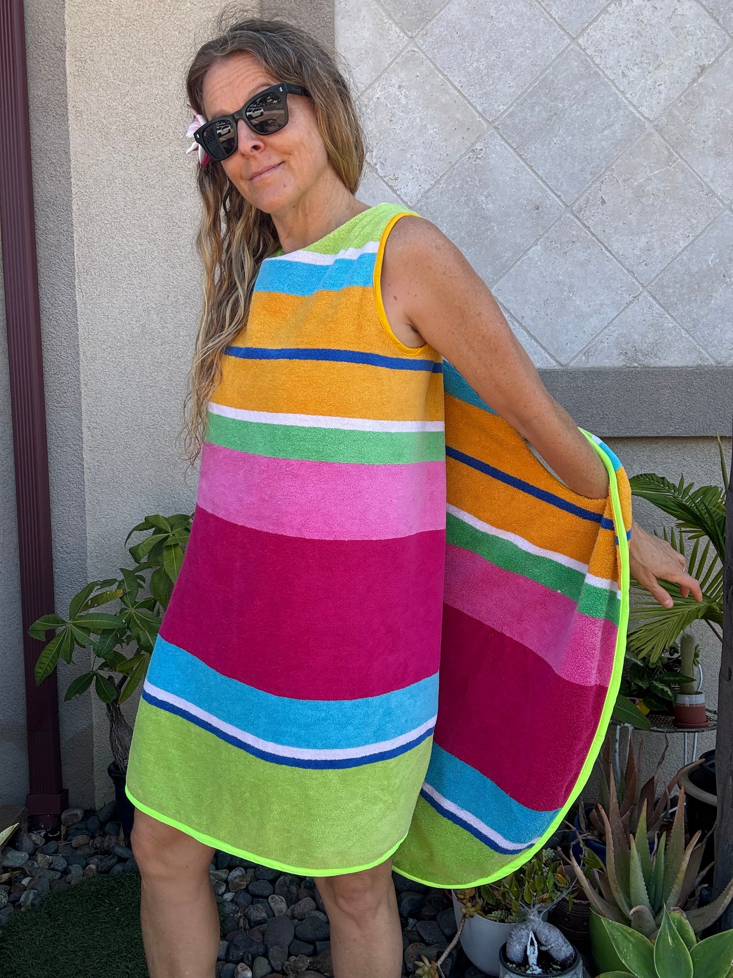*3 Arm Hole Wrap Dress ~ raspberry and green stripe