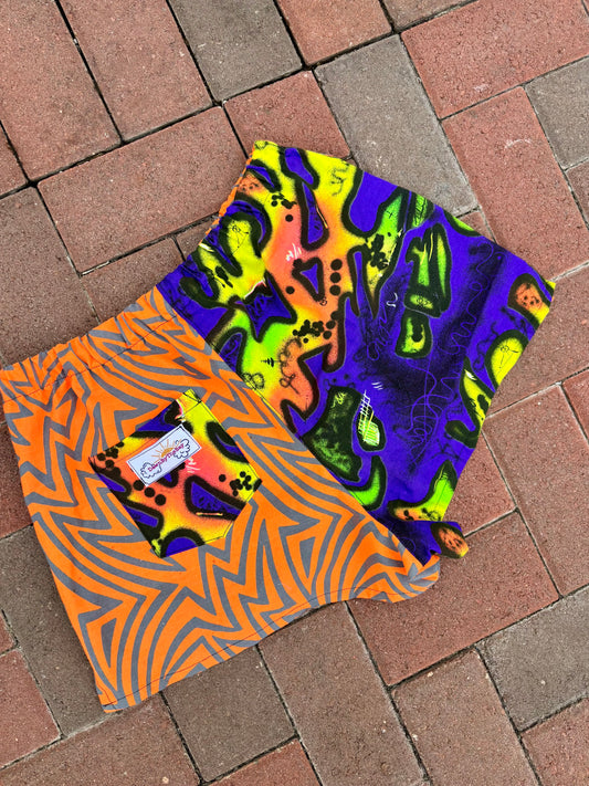 LARGE 80s Graffiti & Orange Bolt Shorts