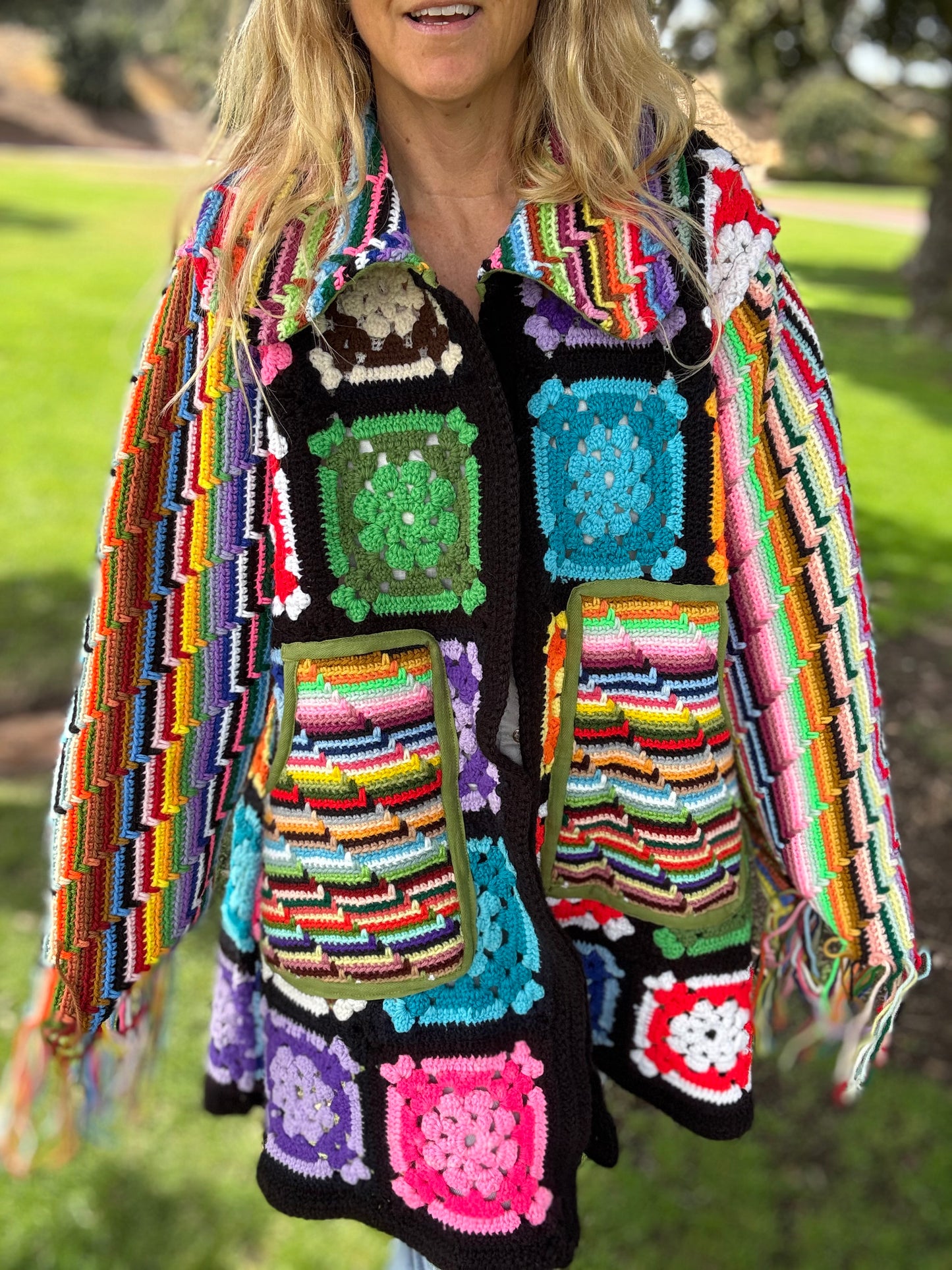 Granny Squares and Rainbow Stripes (Long Bell coat)