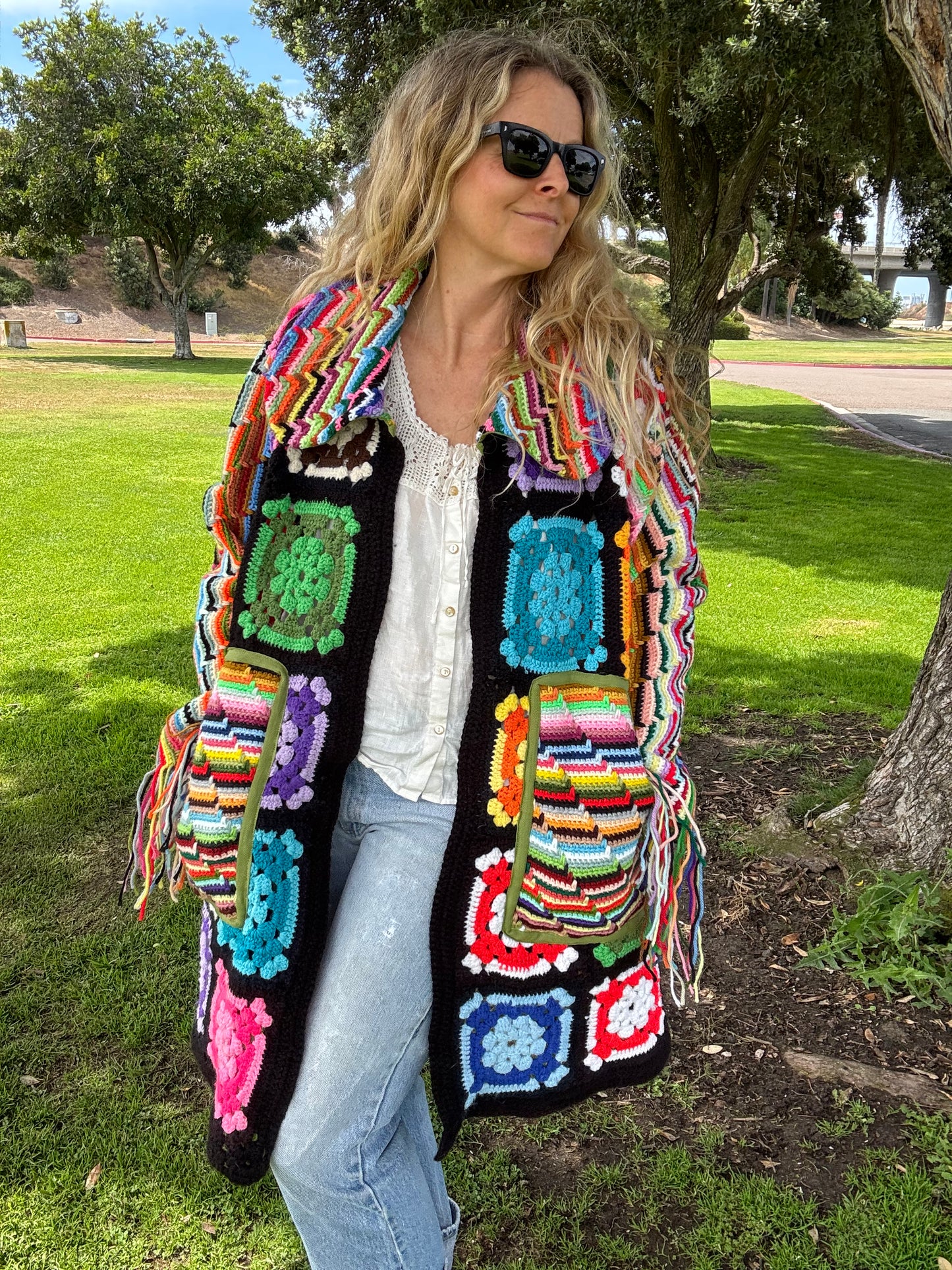 Granny Squares and Rainbow Stripes (Long Bell coat)