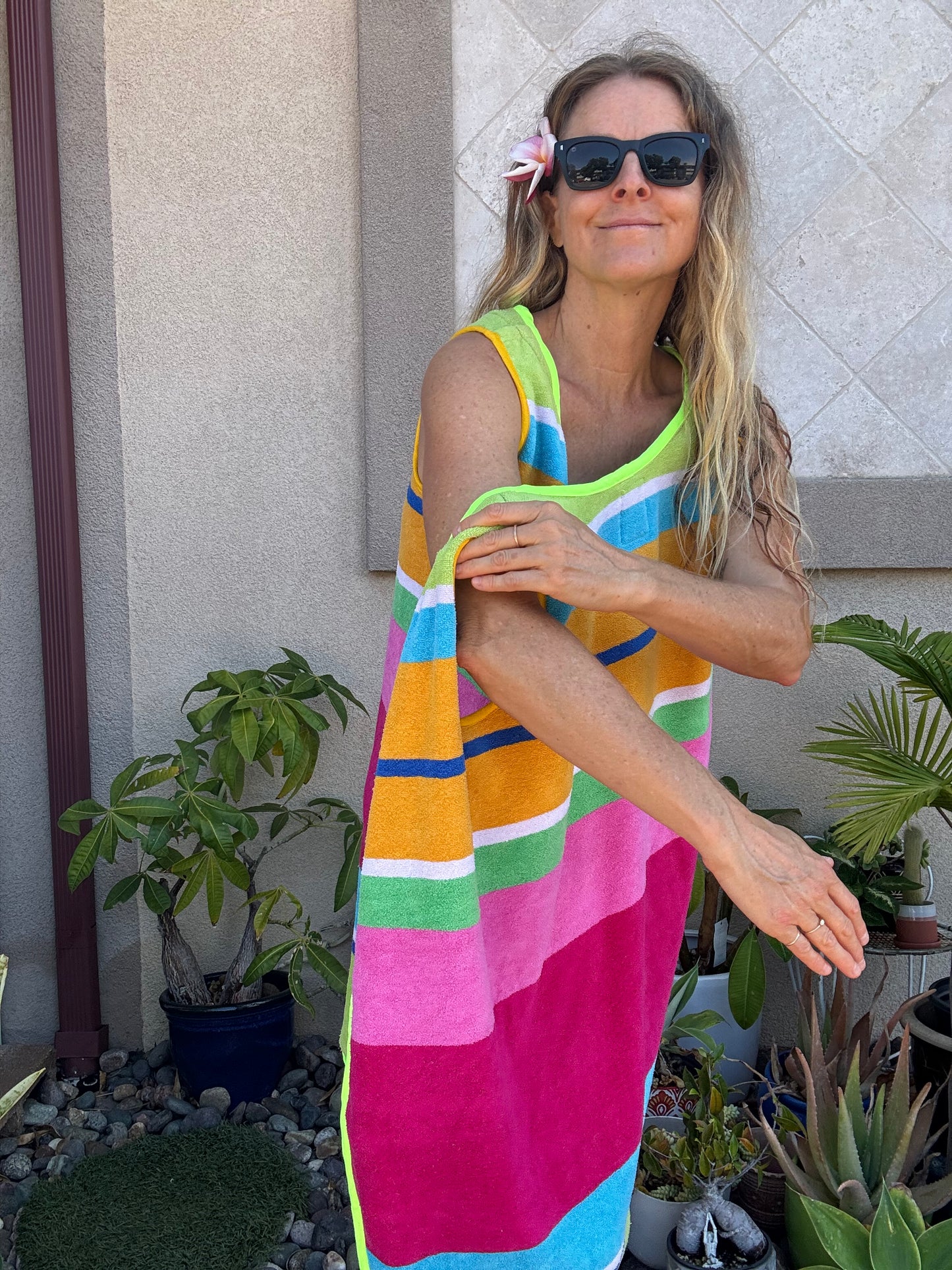 *3 Arm Hole Wrap Dress ~ raspberry and green stripe