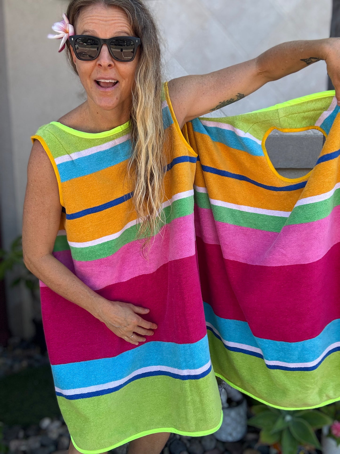 *3 Arm Hole Wrap Dress ~ raspberry and green stripe