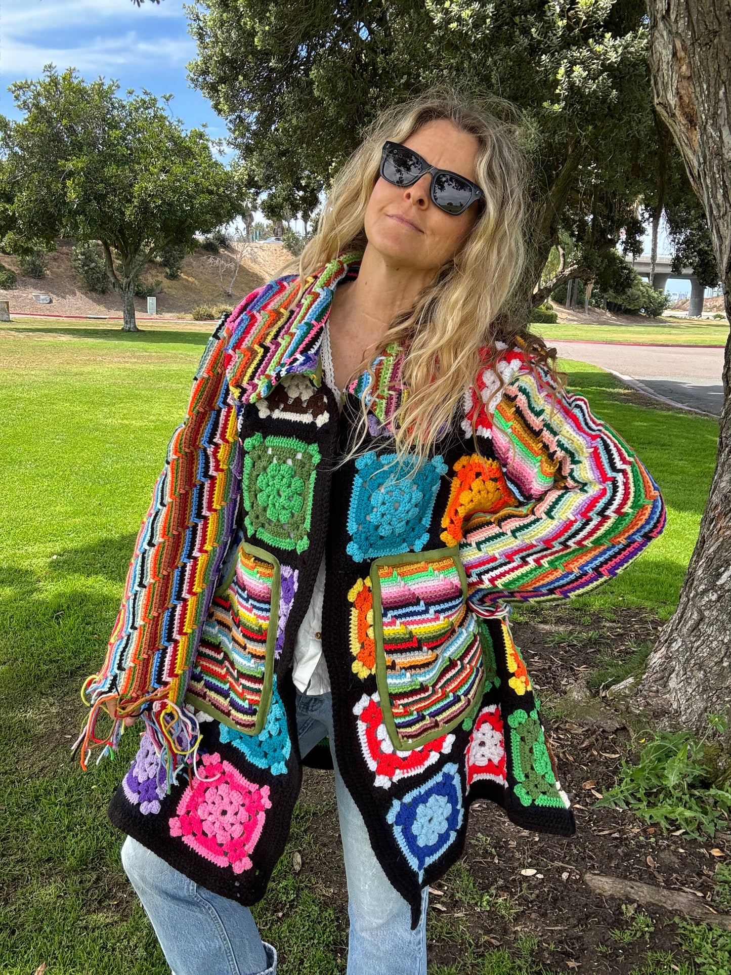 Granny Squares and Rainbow Stripes (Long Bell coat)