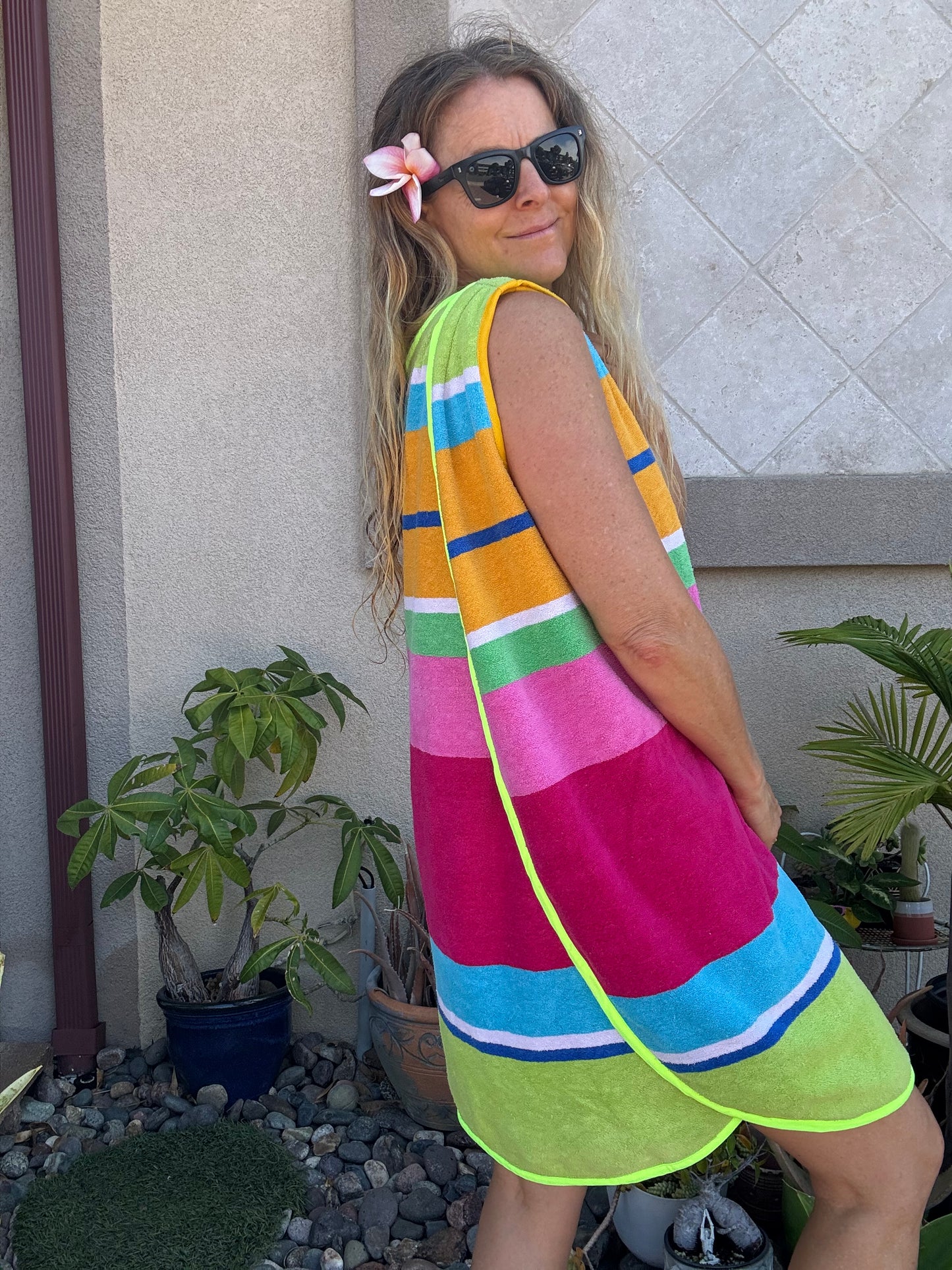 *3 Arm Hole Wrap Dress ~ raspberry and green stripe