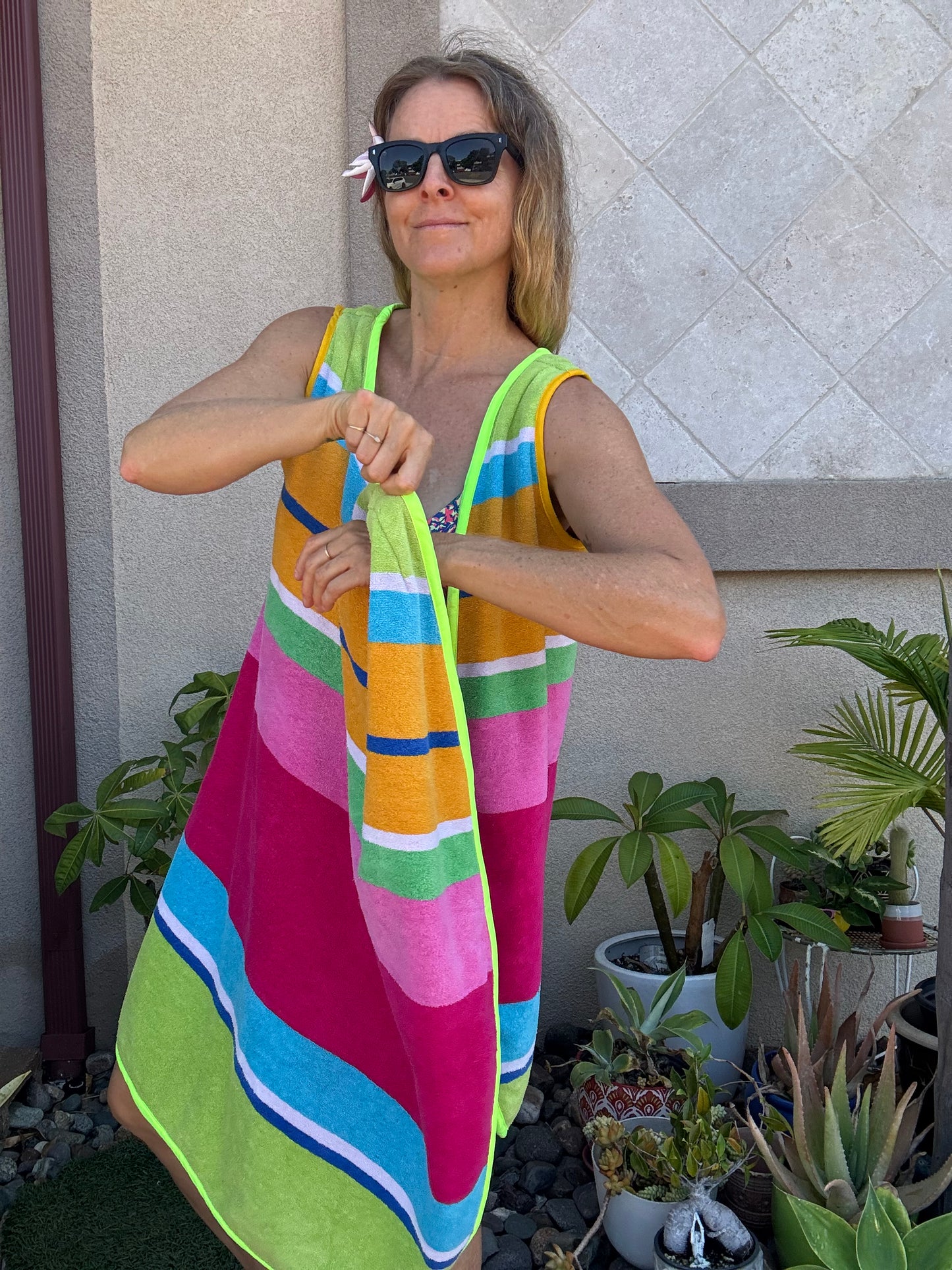 *3 Arm Hole Wrap Dress ~ raspberry and green stripe