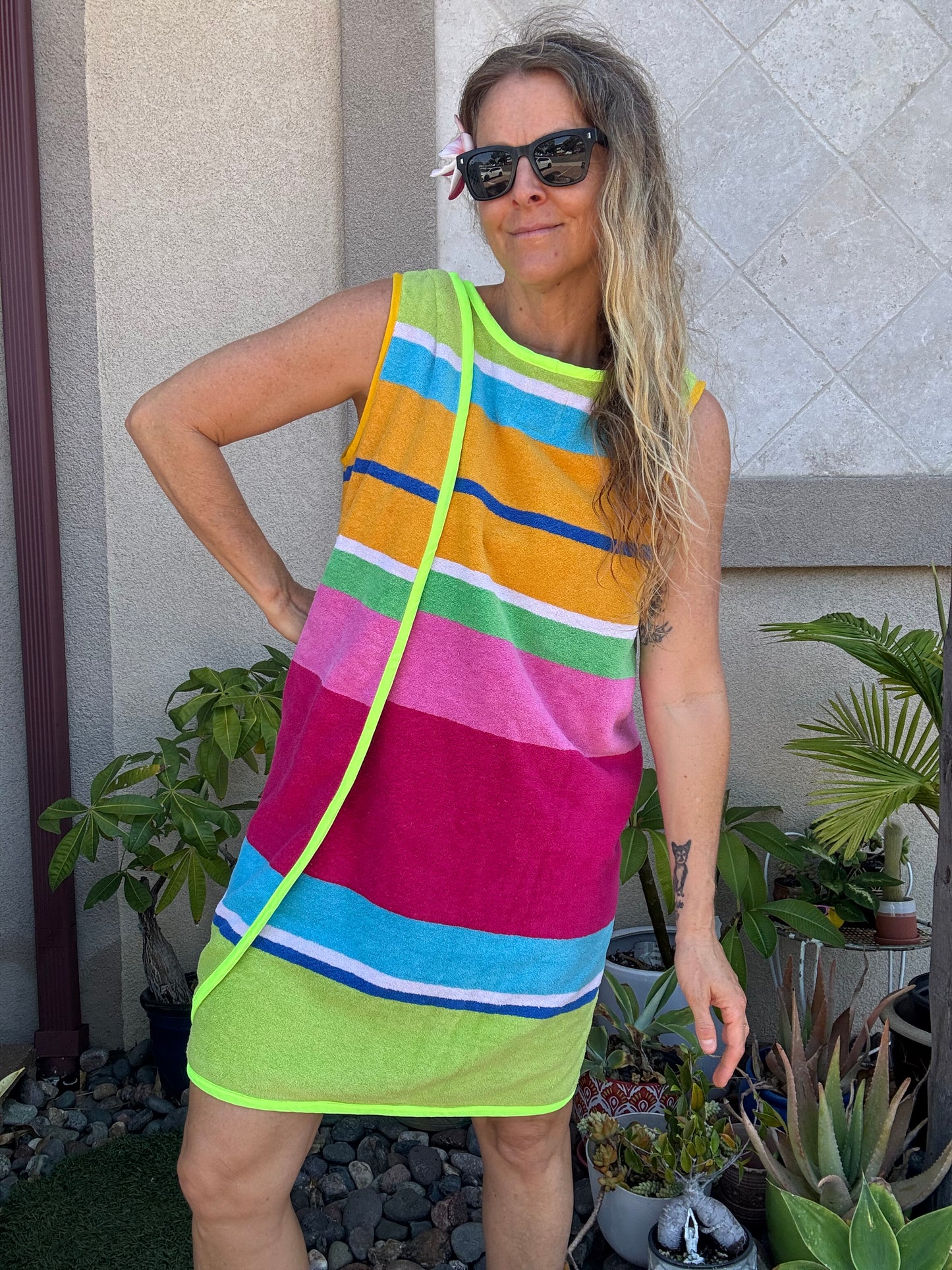 *3 Arm Hole Wrap Dress ~ raspberry and green stripe
