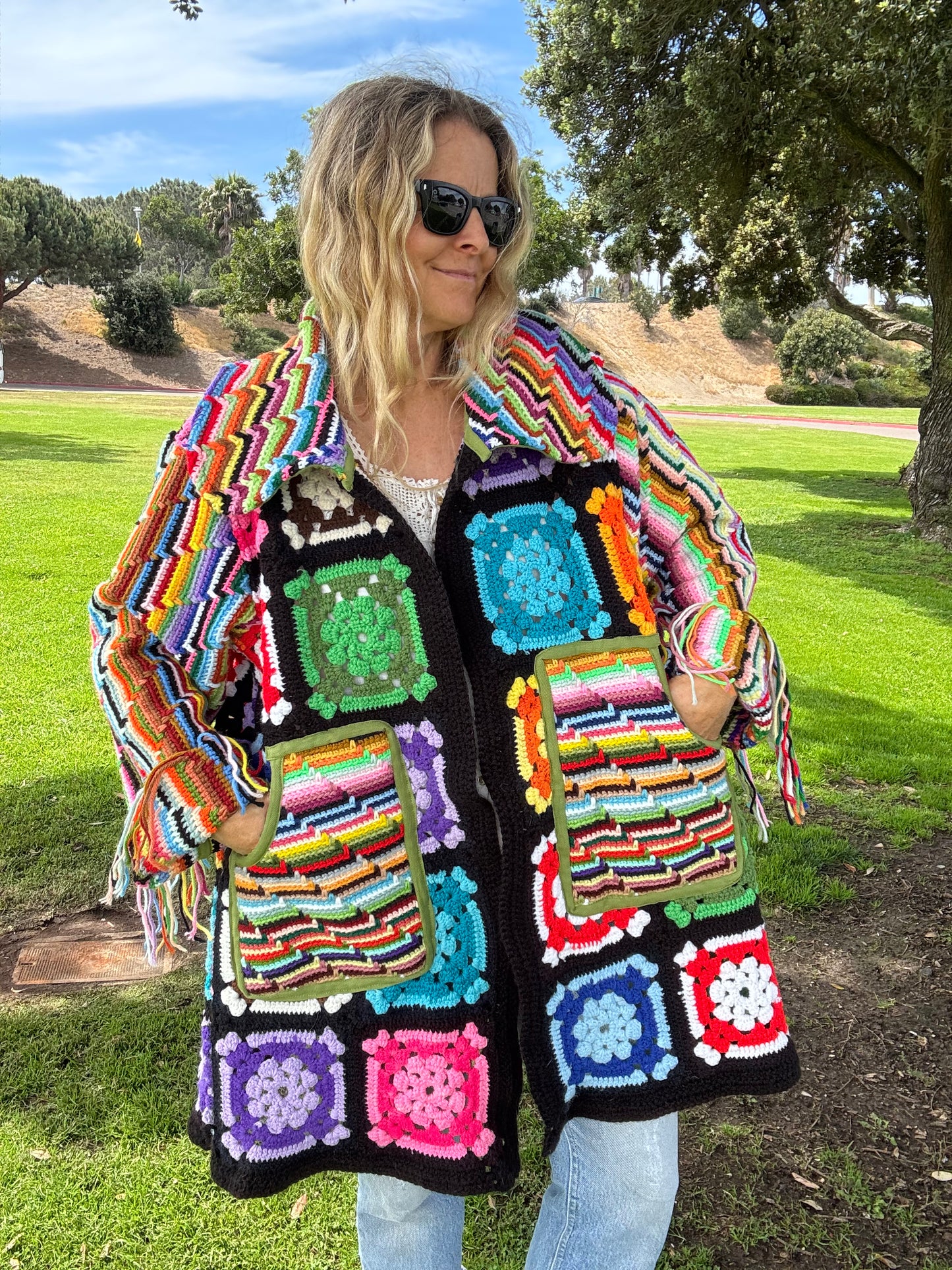 Granny Squares and Rainbow Stripes (Long Bell coat)