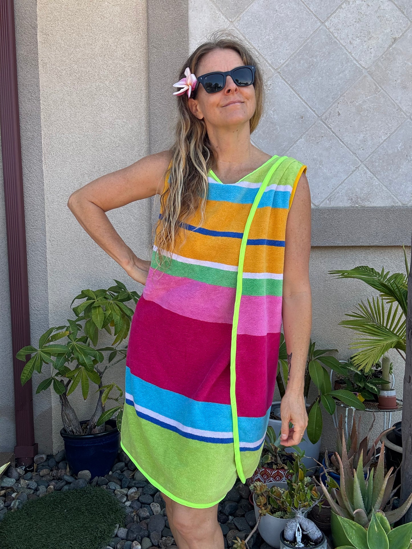 *3 Arm Hole Wrap Dress ~ raspberry and green stripe