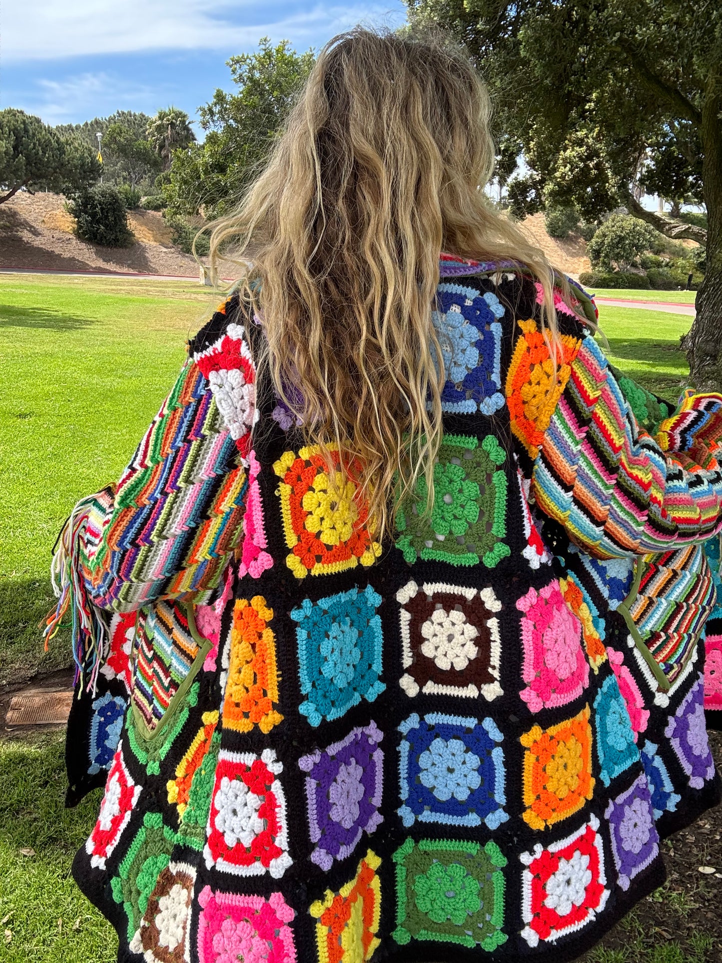 Granny Squares and Rainbow Stripes (Long Bell coat)