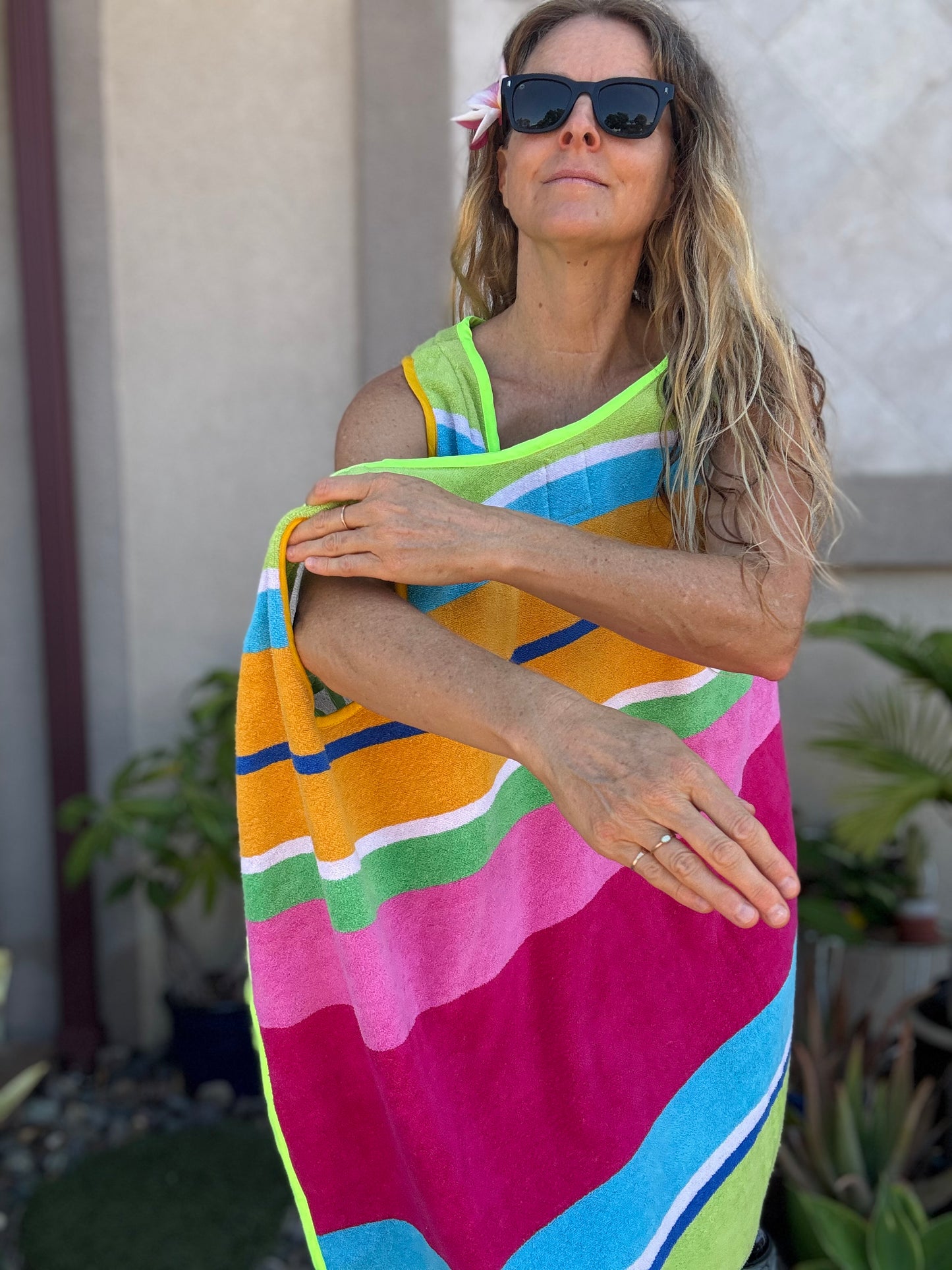 *3 Arm Hole Wrap Dress ~ raspberry and green stripe