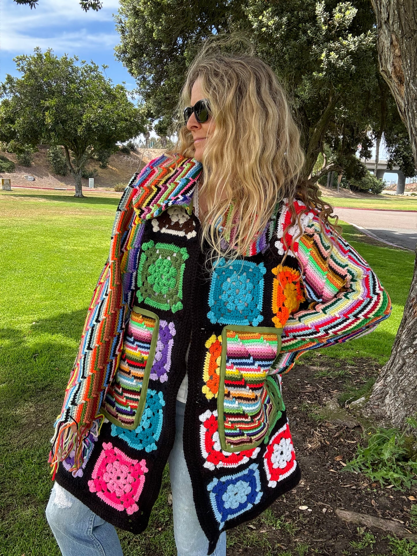 Granny Squares and Rainbow Stripes (Long Bell coat)
