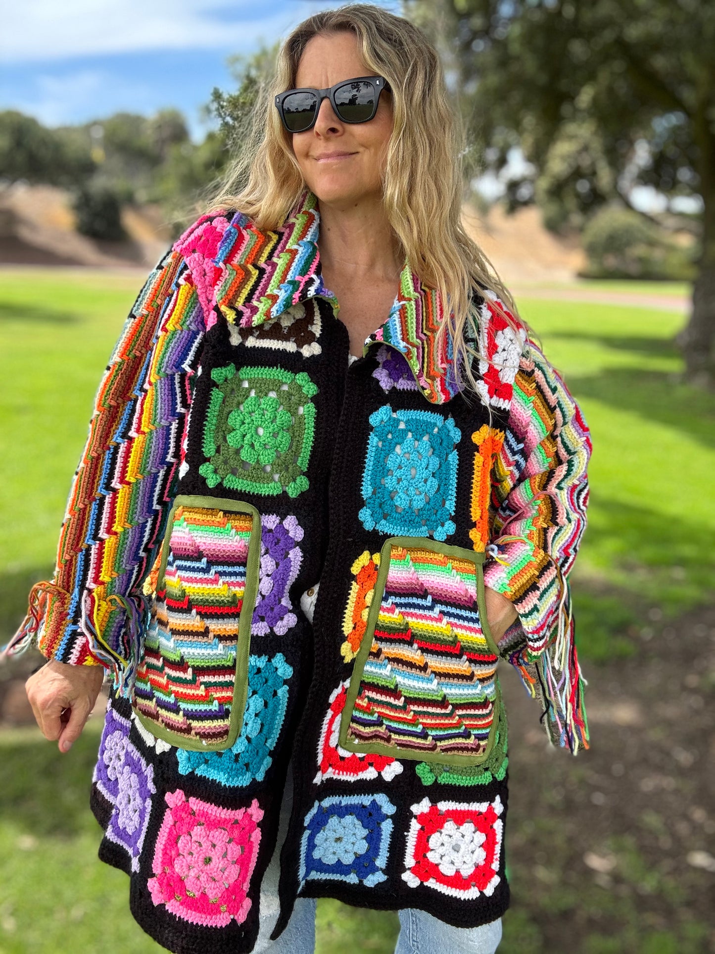 Granny Squares and Rainbow Stripes (Long Bell coat)