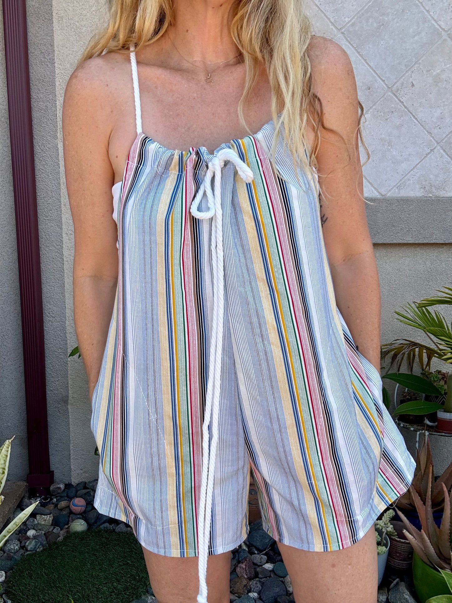 * Rope Romper ~ Primary Color Stripes & Yellow Gingham