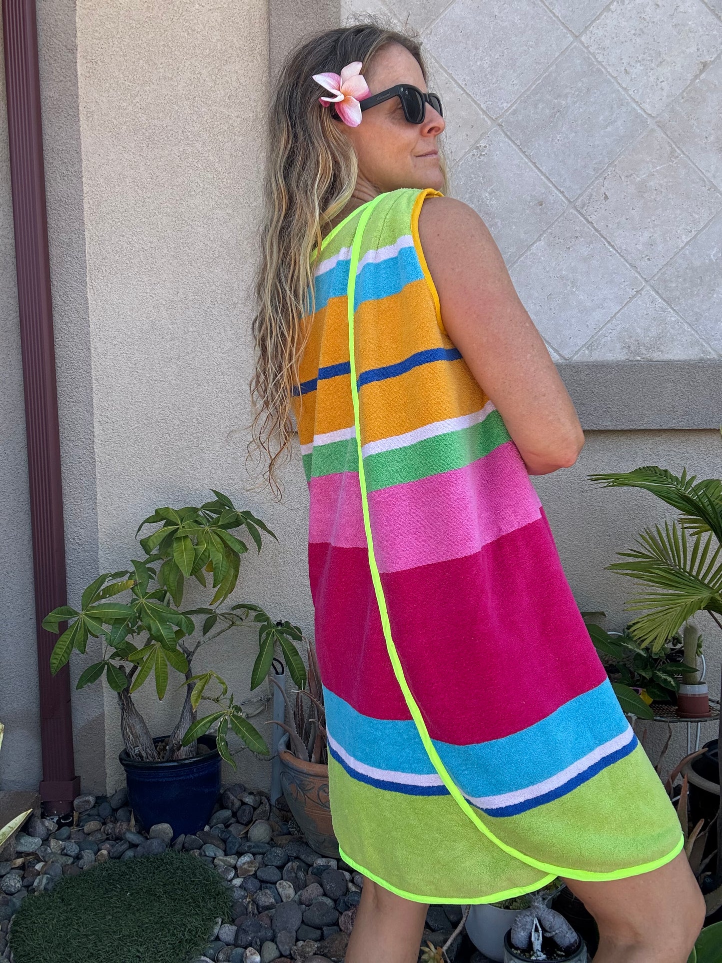 *3 Arm Hole Wrap Dress ~ raspberry and green stripe
