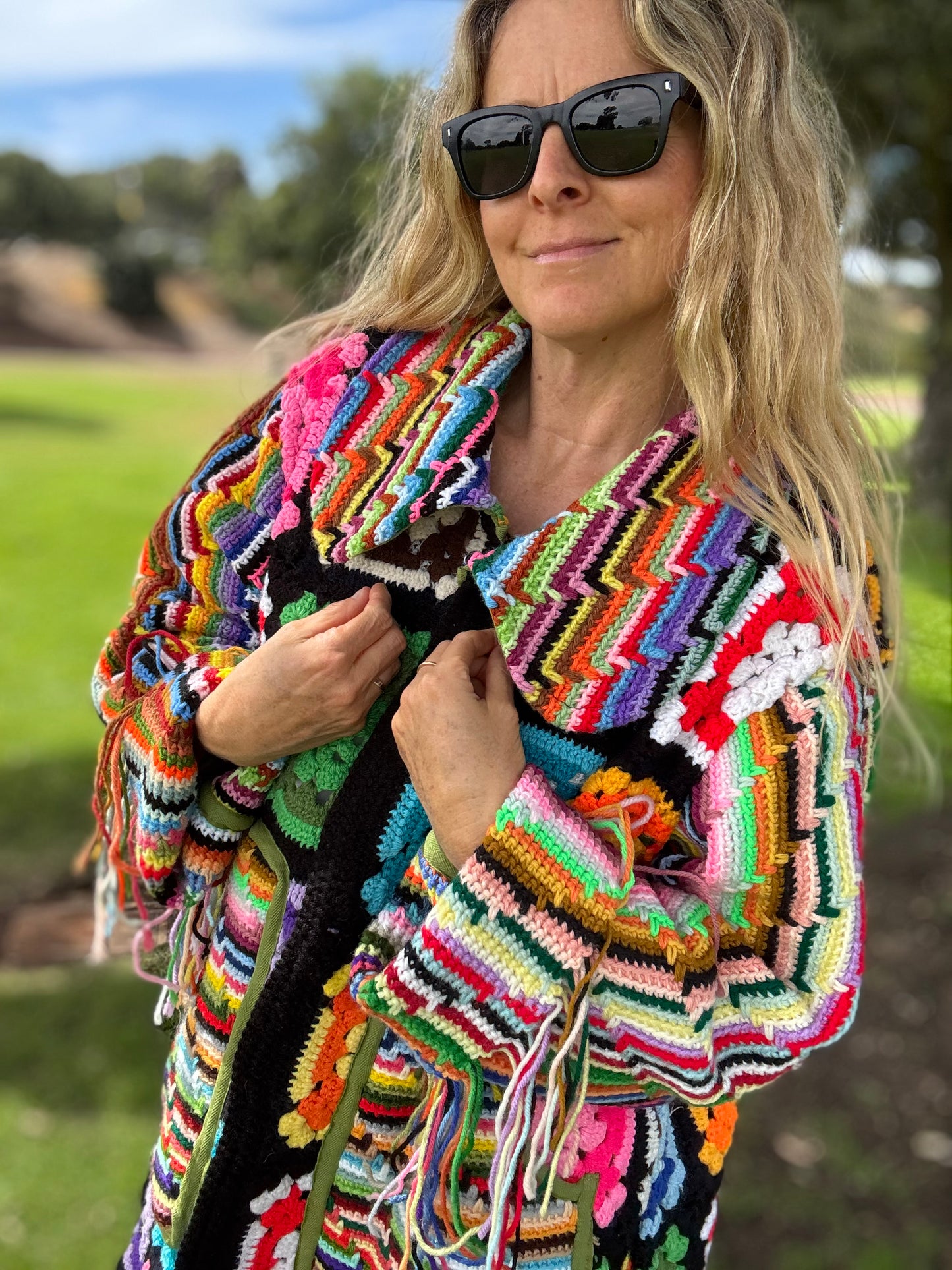 Granny Squares and Rainbow Stripes (Long Bell coat)