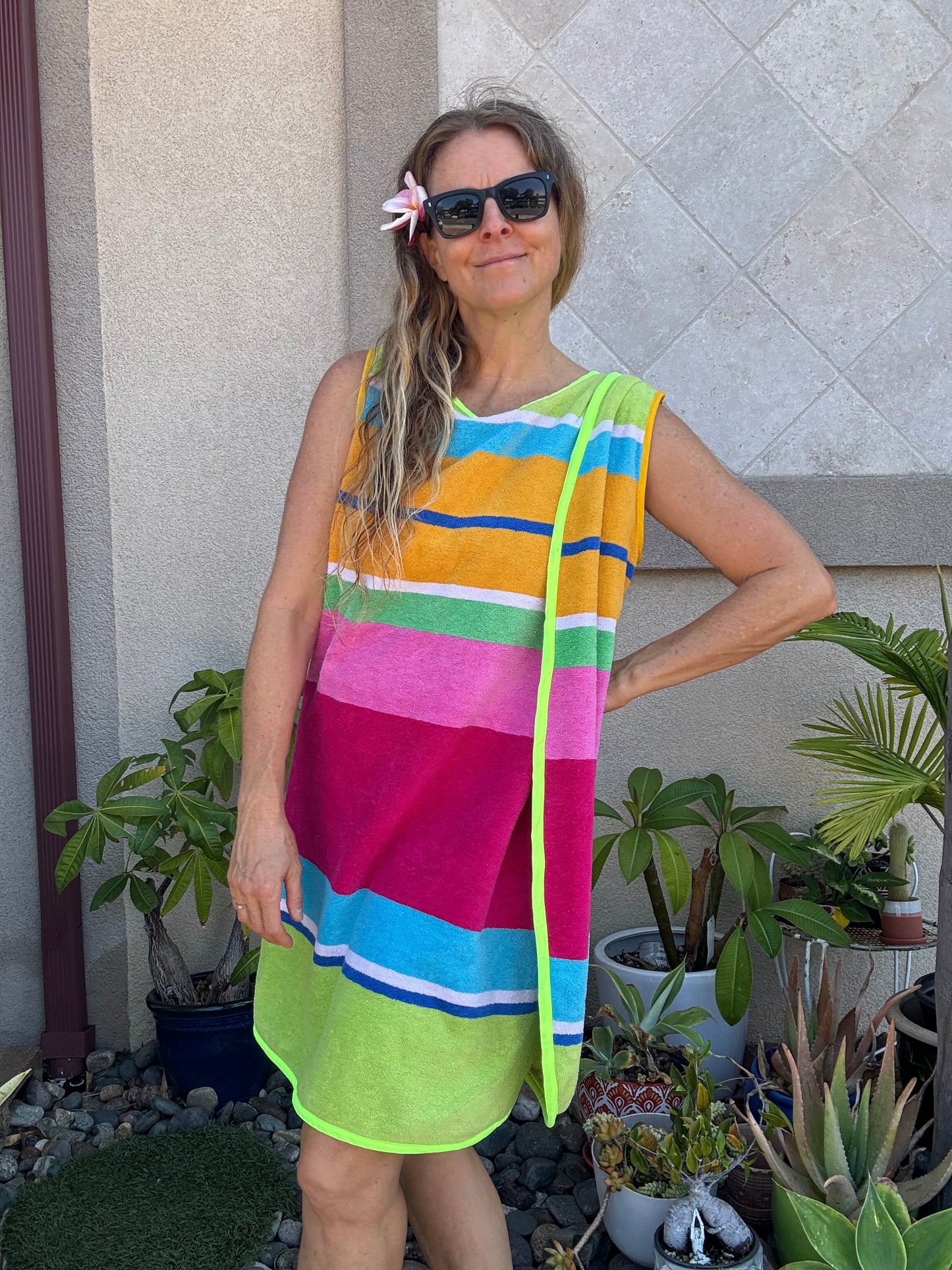 *3 Arm Hole Wrap Dress ~ raspberry and green stripe
