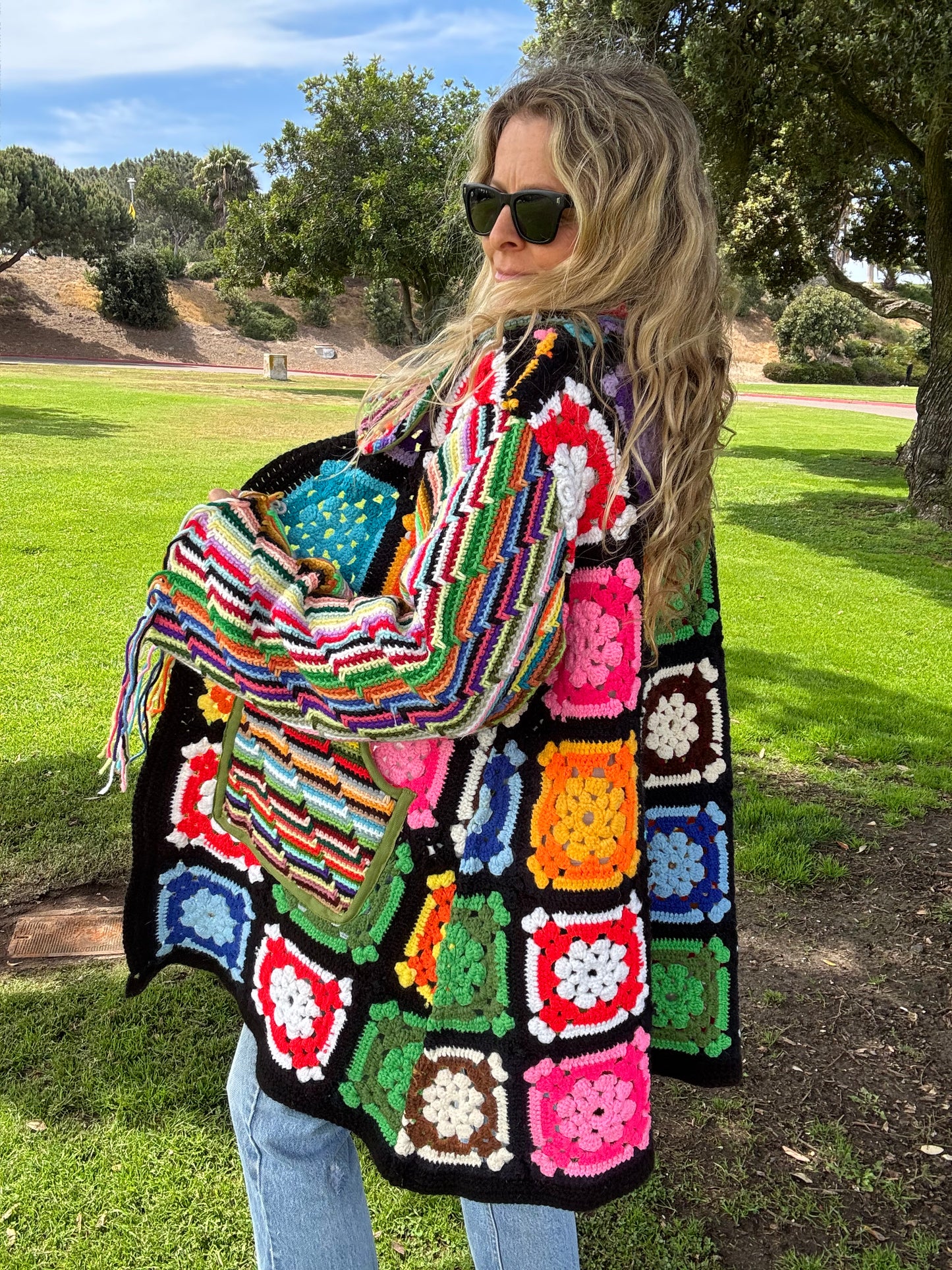 Granny Squares and Rainbow Stripes (Long Bell coat)