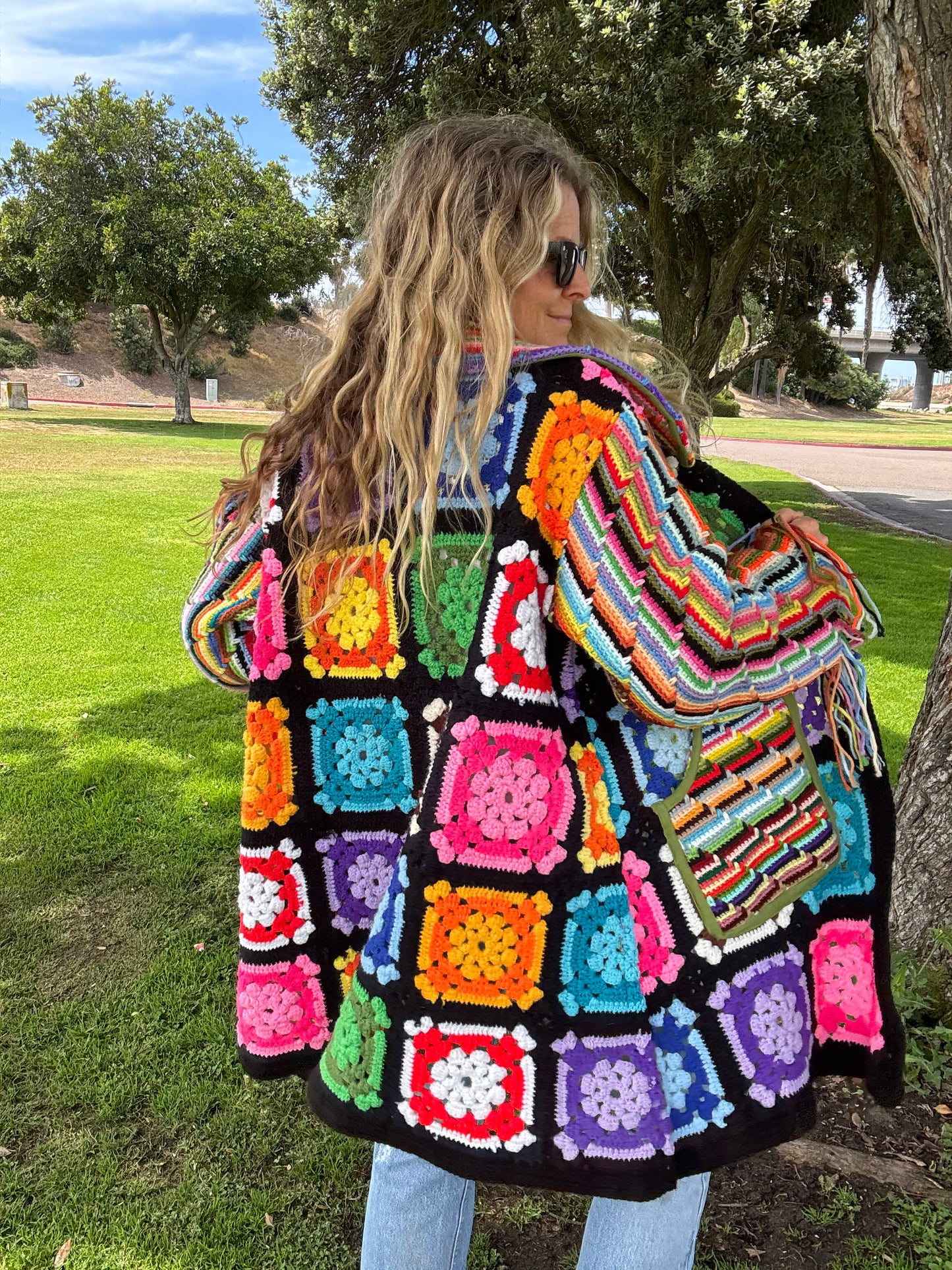 Granny Squares and Rainbow Stripes (Long Bell coat)