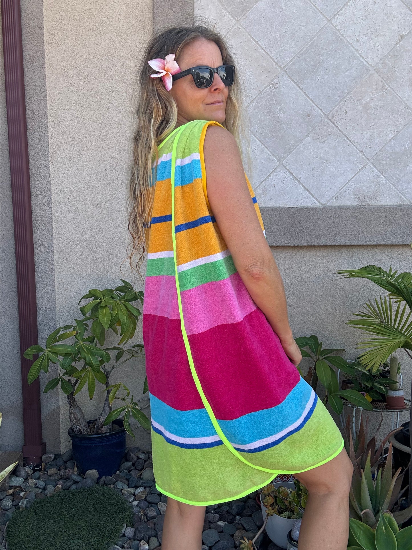 *3 Arm Hole Wrap Dress ~ raspberry and green stripe