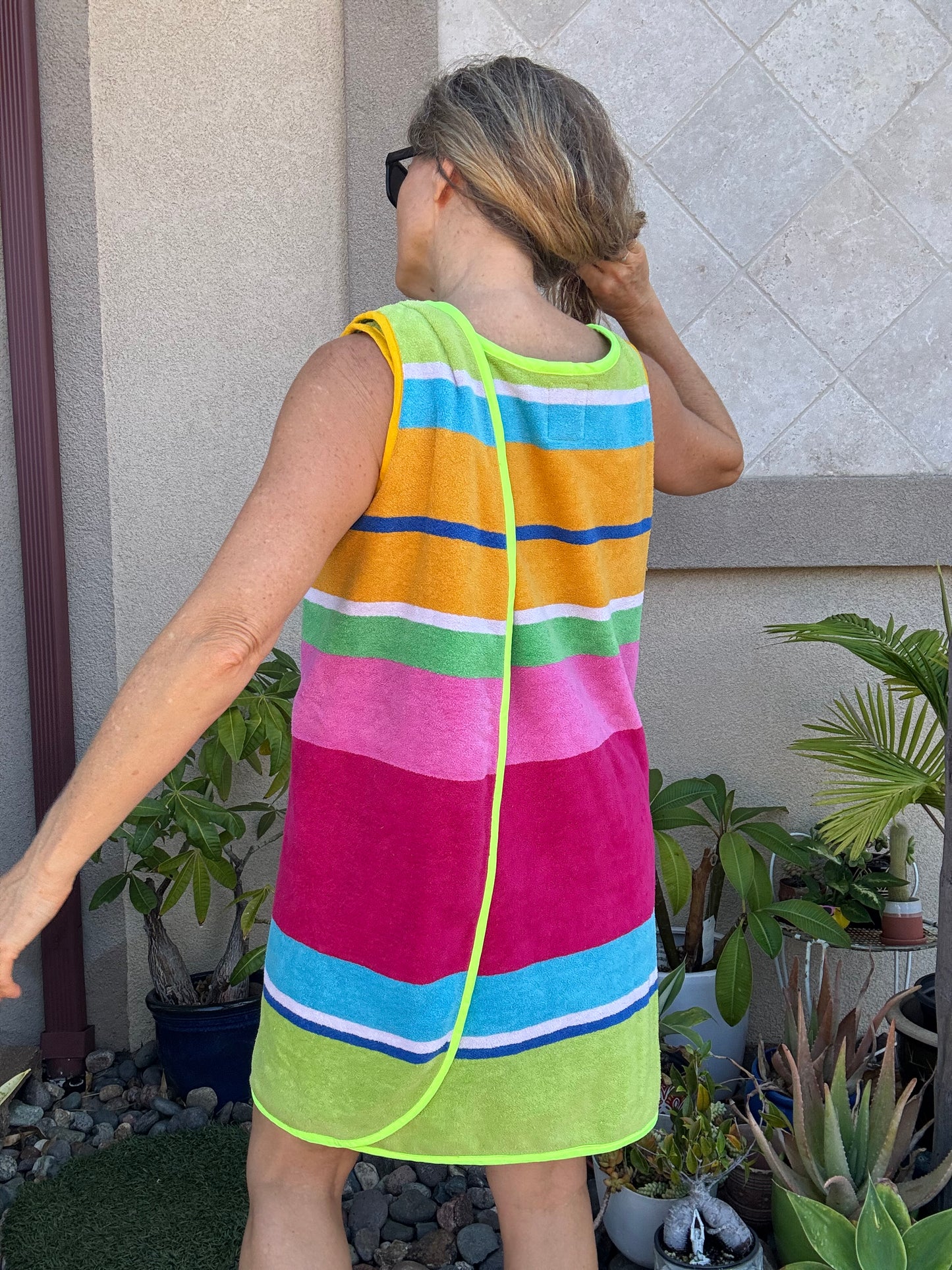 *3 Arm Hole Wrap Dress ~ raspberry and green stripe