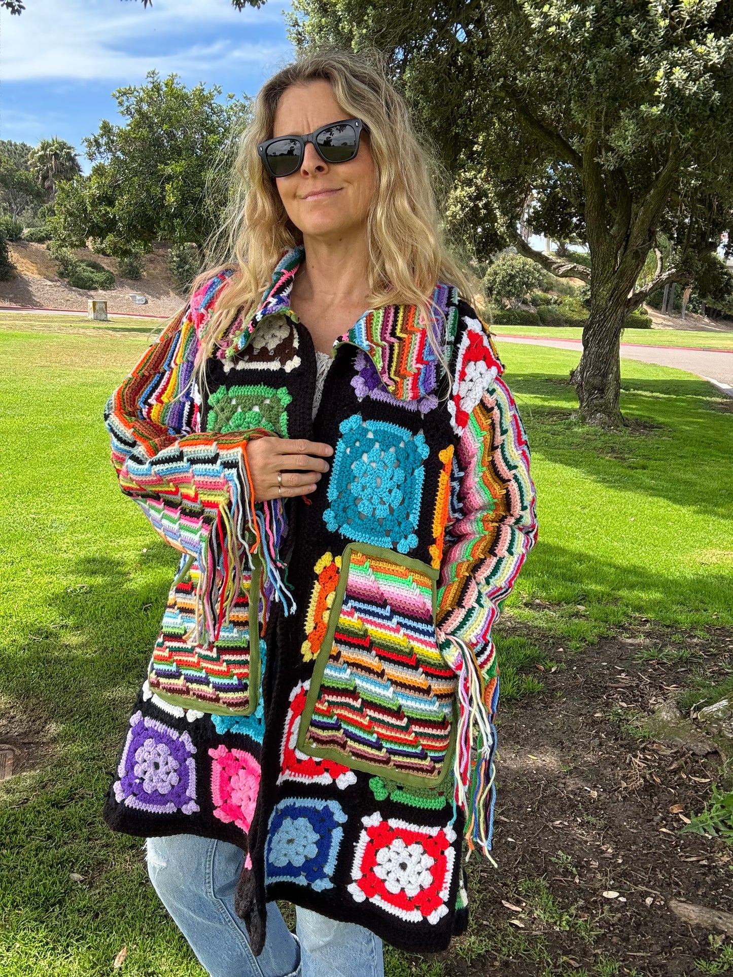 Granny Squares and Rainbow Stripes (Long Bell coat)