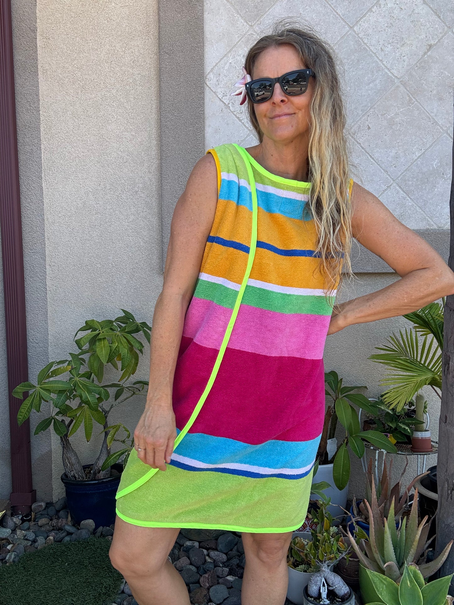 *3 Arm Hole Wrap Dress ~ raspberry and green stripe