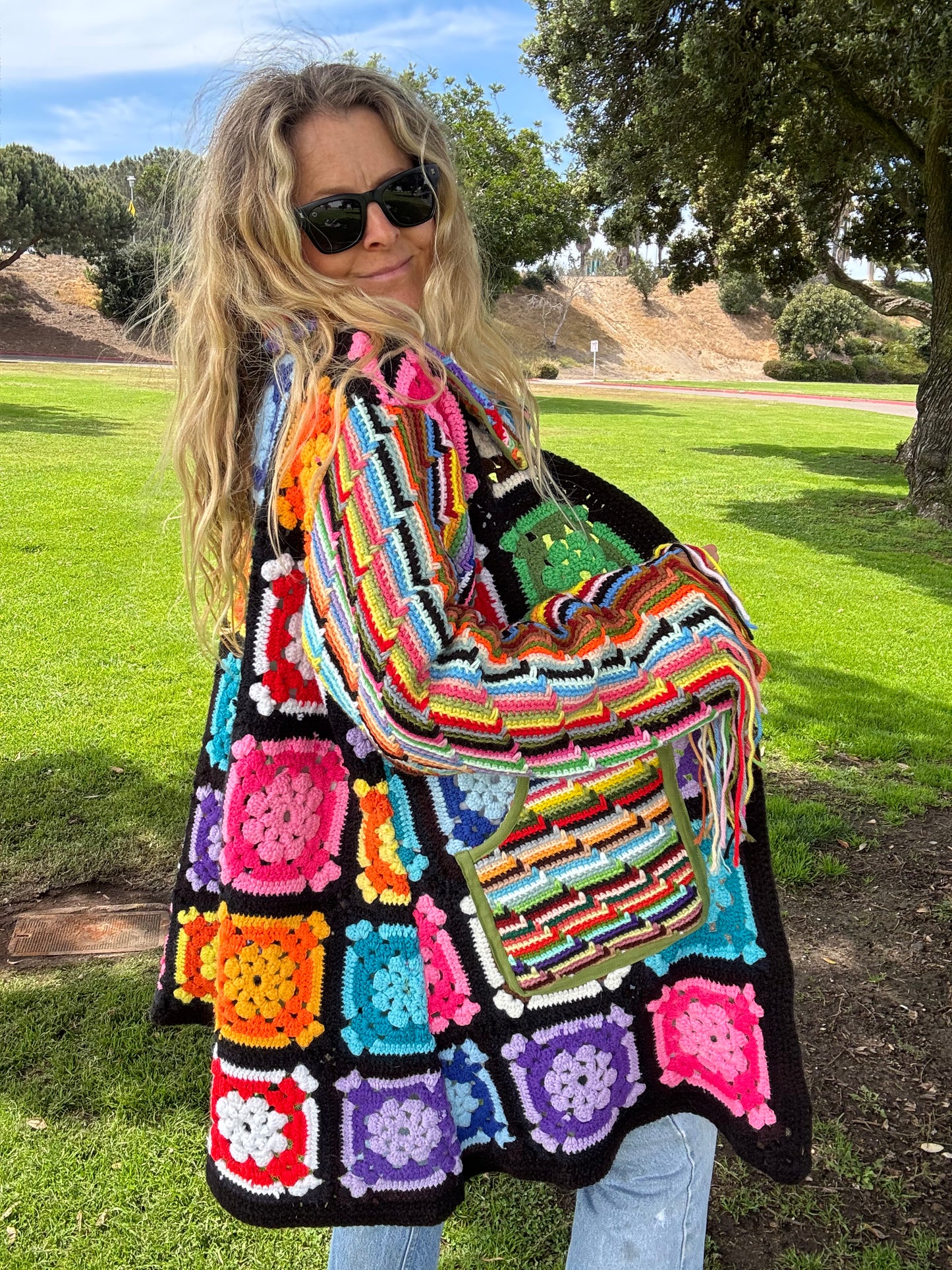 Granny Squares and Rainbow Stripes (Long Bell coat)