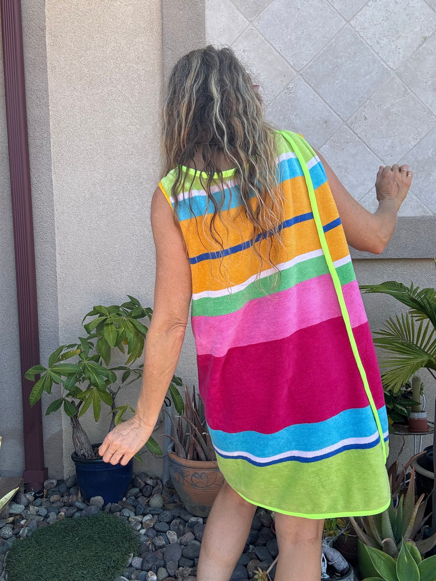 *3 Arm Hole Wrap Dress ~ raspberry and green stripe