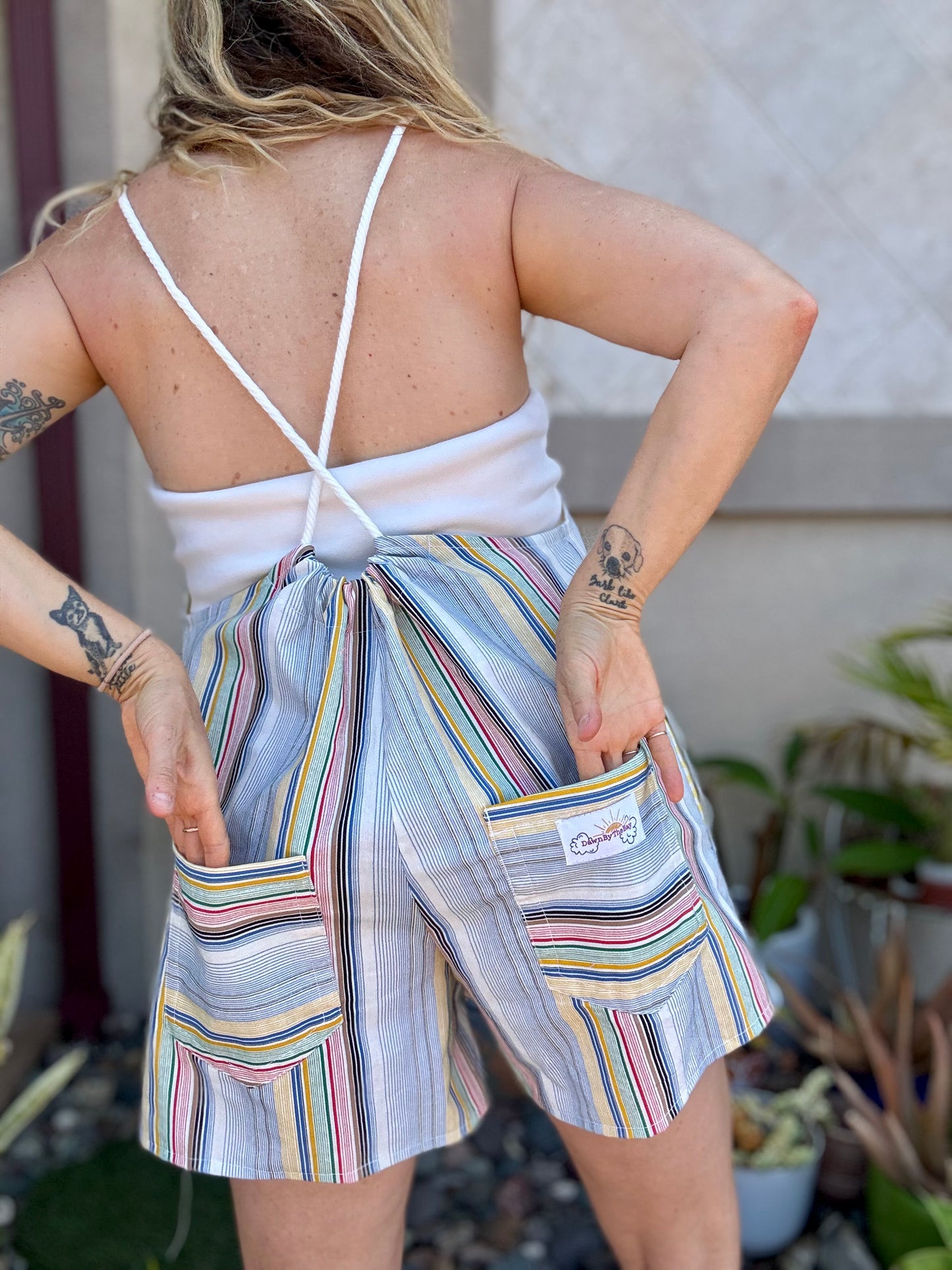 * Rope Romper ~ Primary Color Stripes & Yellow Gingham